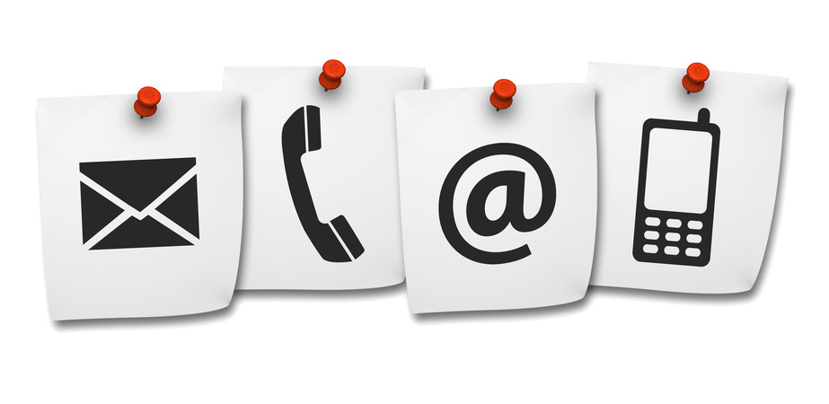 Web Contact Us Icons On Post It Website and Internet contact us page concept with black icons on paper post it isolated on white background.